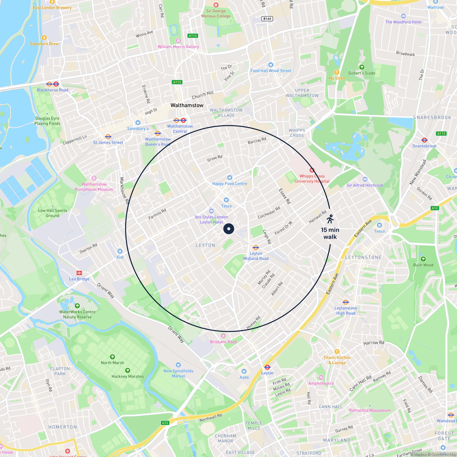 Map showing the location of 127 Beaumont Road, London, E10 5GU and the surrounding 15 minute walk area.