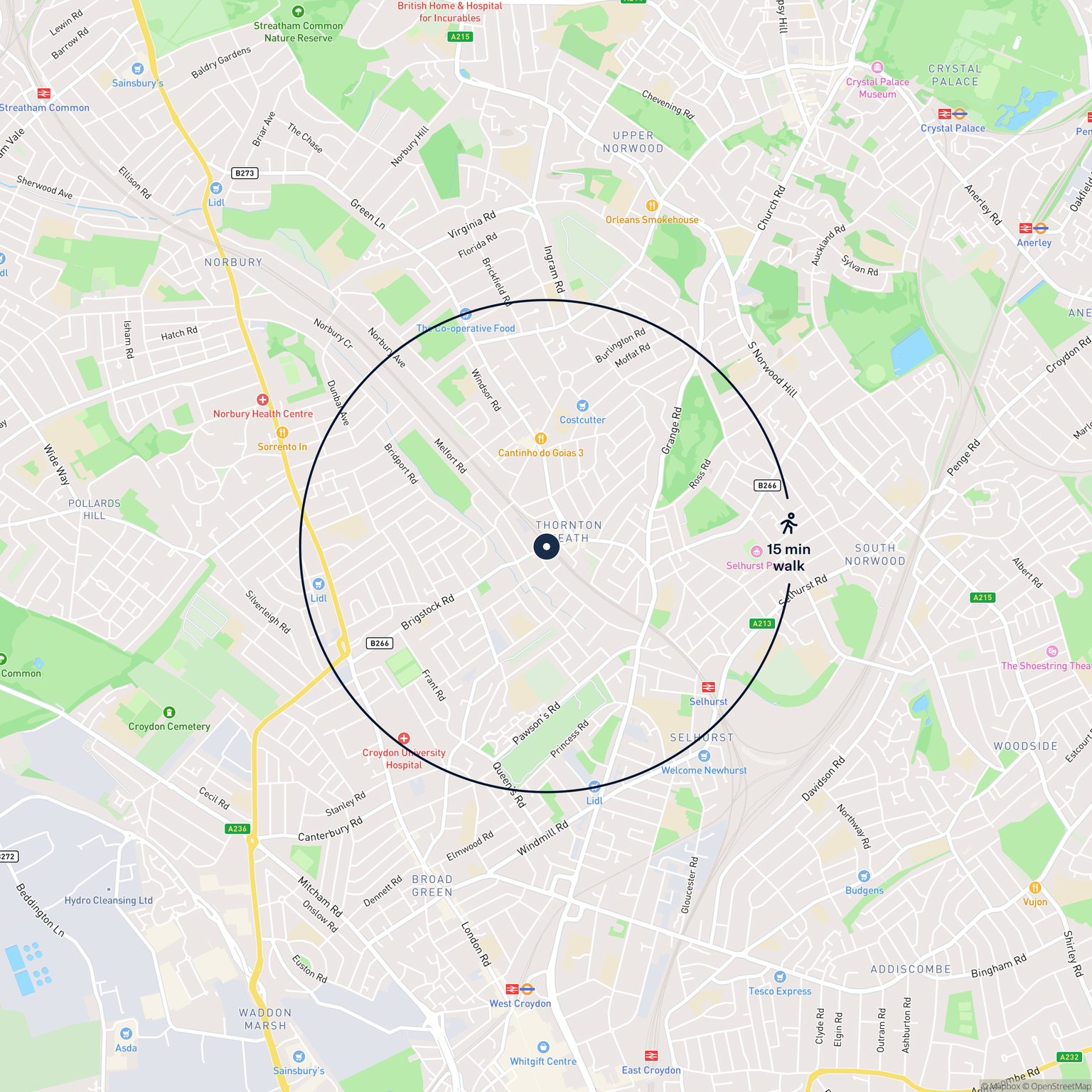 Map showing the location of Shop 40 Brigstock Road, Thornton Heath, CR7 8RX and the surrounding 15 minute walk area.