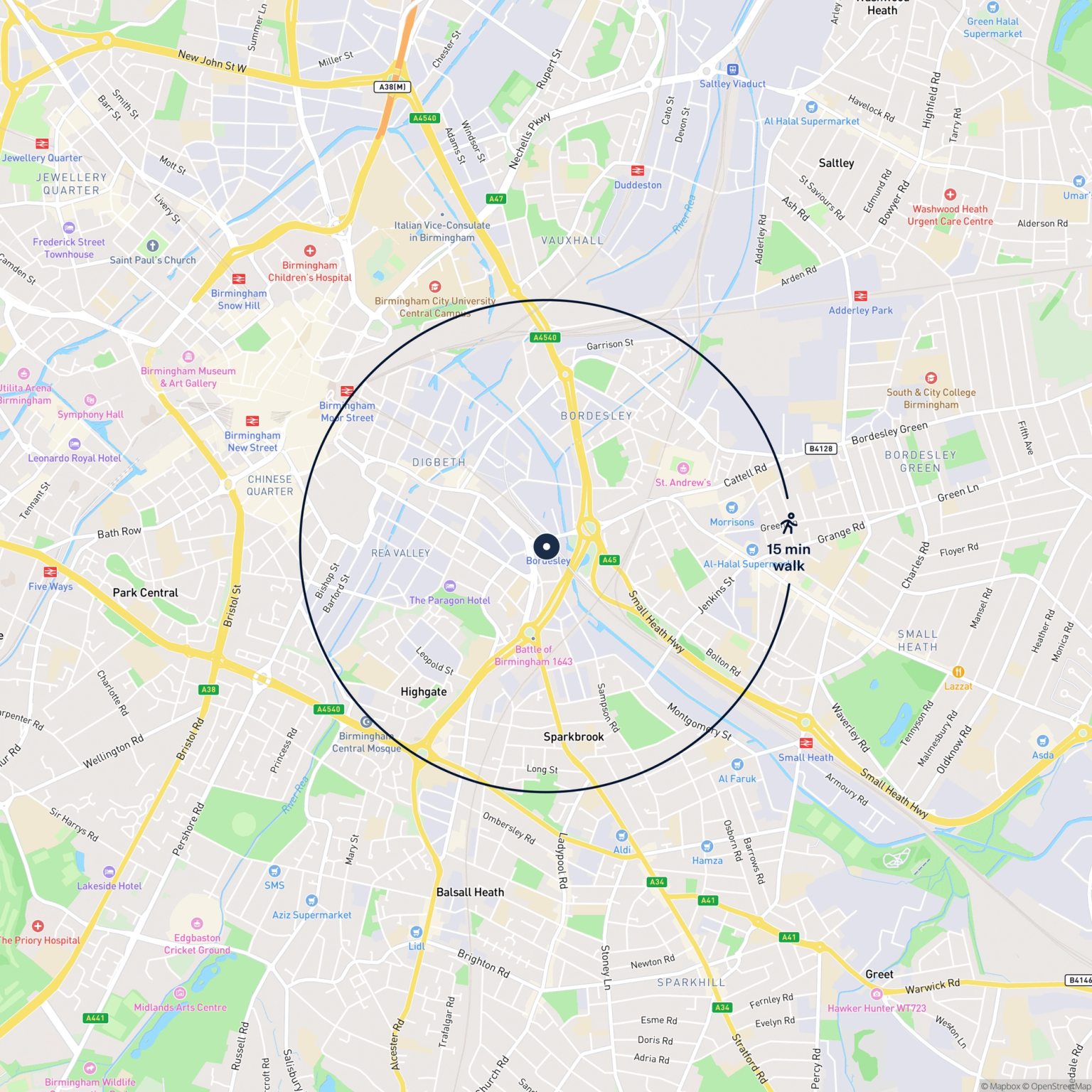 Map showing the location of Unit 2 Bedford Road, Birmingham, B11 1AX and the surrounding 15 minute walk area.