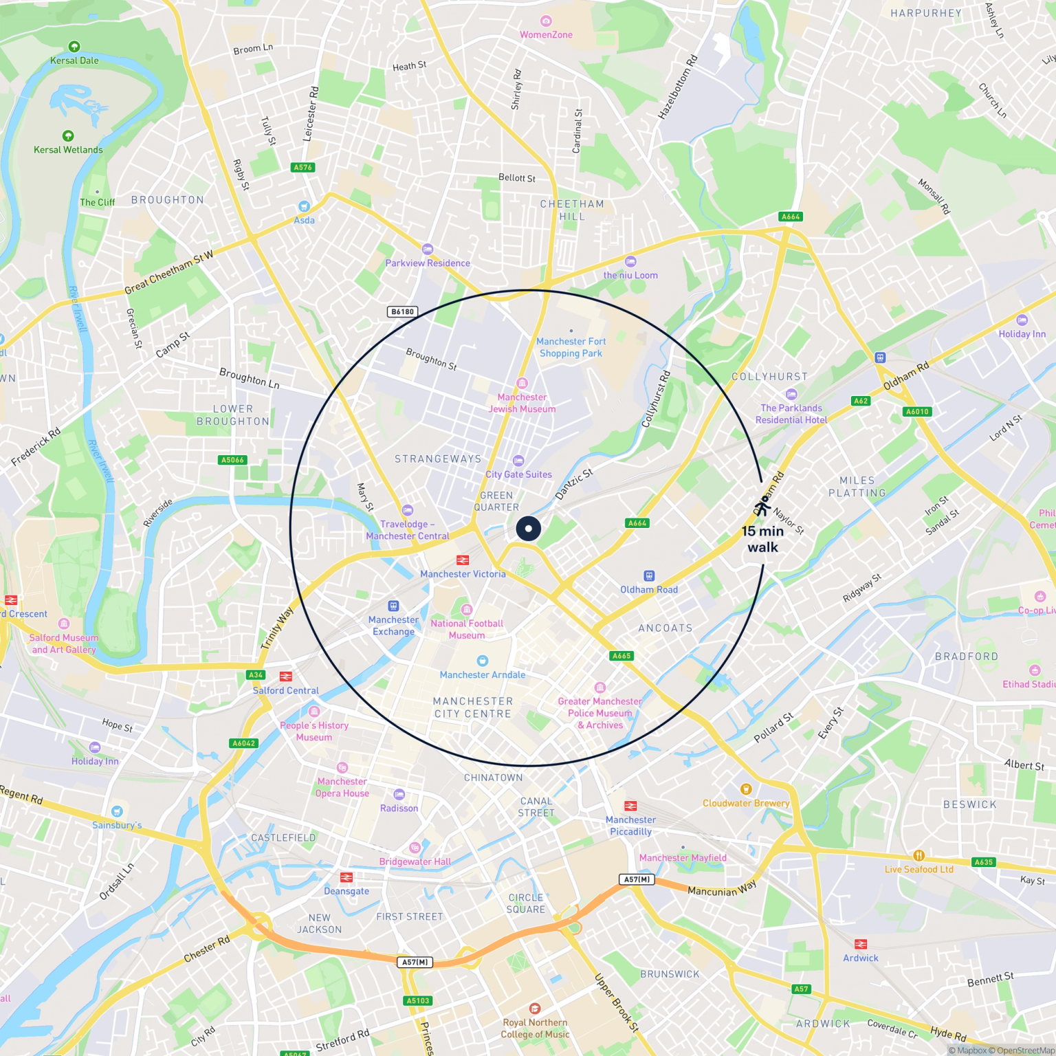 Map showing the location of 6 Corporation Street, Manchester, M4 4DG and the surrounding 15 minute walk area.
