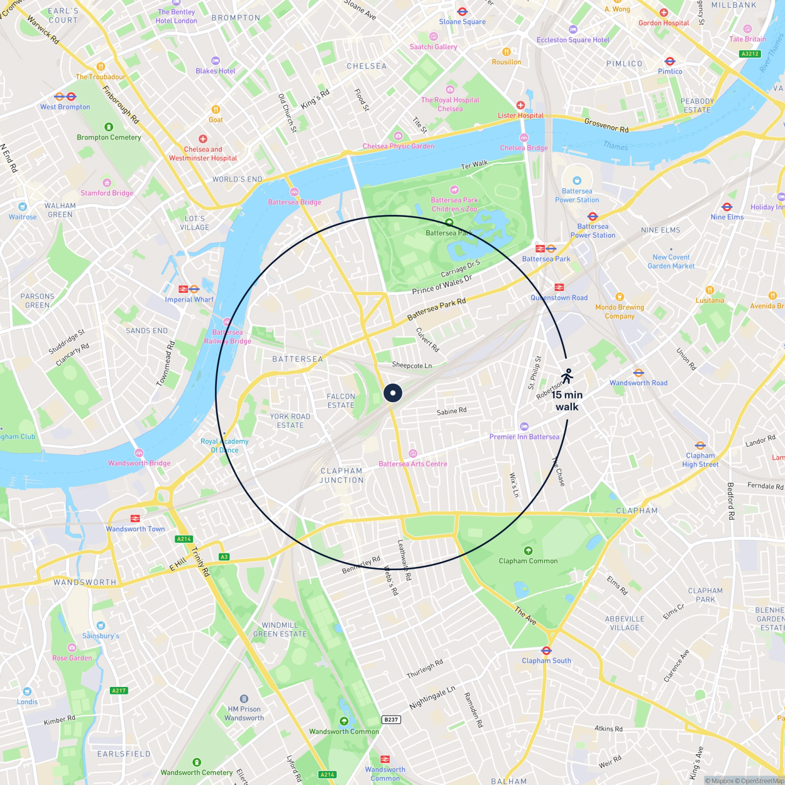 Map showing the location of 8 Poyntz Road, London, SW11 2JY and the surrounding 15 minute walk area.