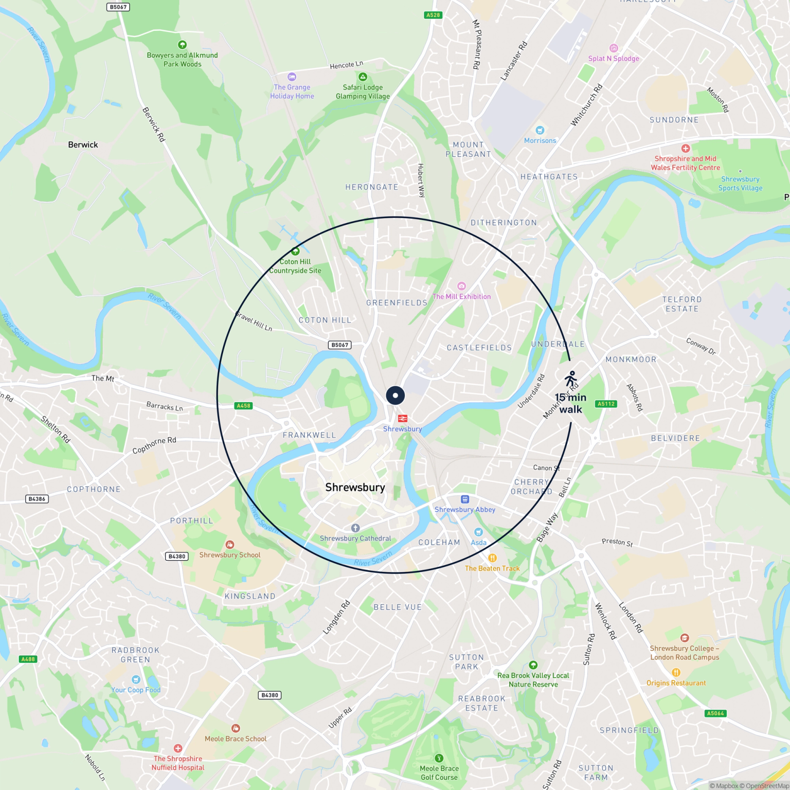 Map showing the location of 1 Castle Business Park , Shrewsbury, SY1 2EG and the surrounding 15 minute walk area.