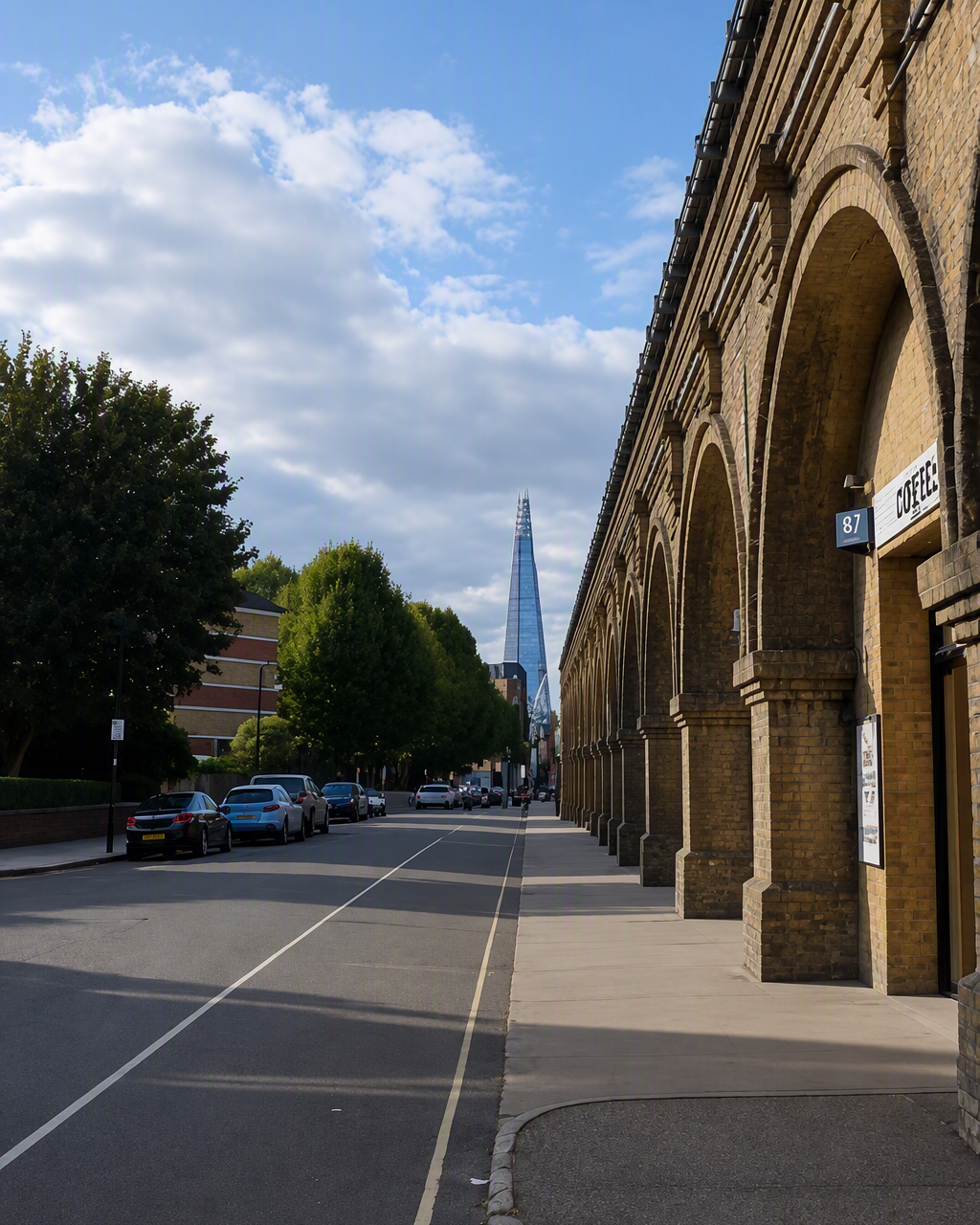 People dine outdoors at a cafe under brick arches, with The Shard visible in the distance on a sunny day.