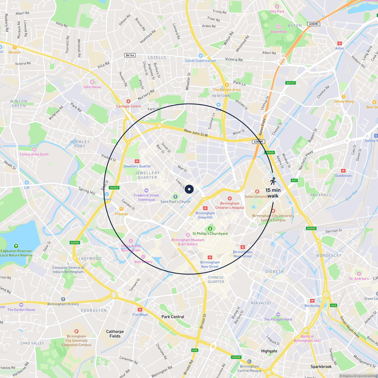 Map showing the location of 37 Henrietta Street, Birmingham, B19 3PS and the surrounding 15 minute walk area.