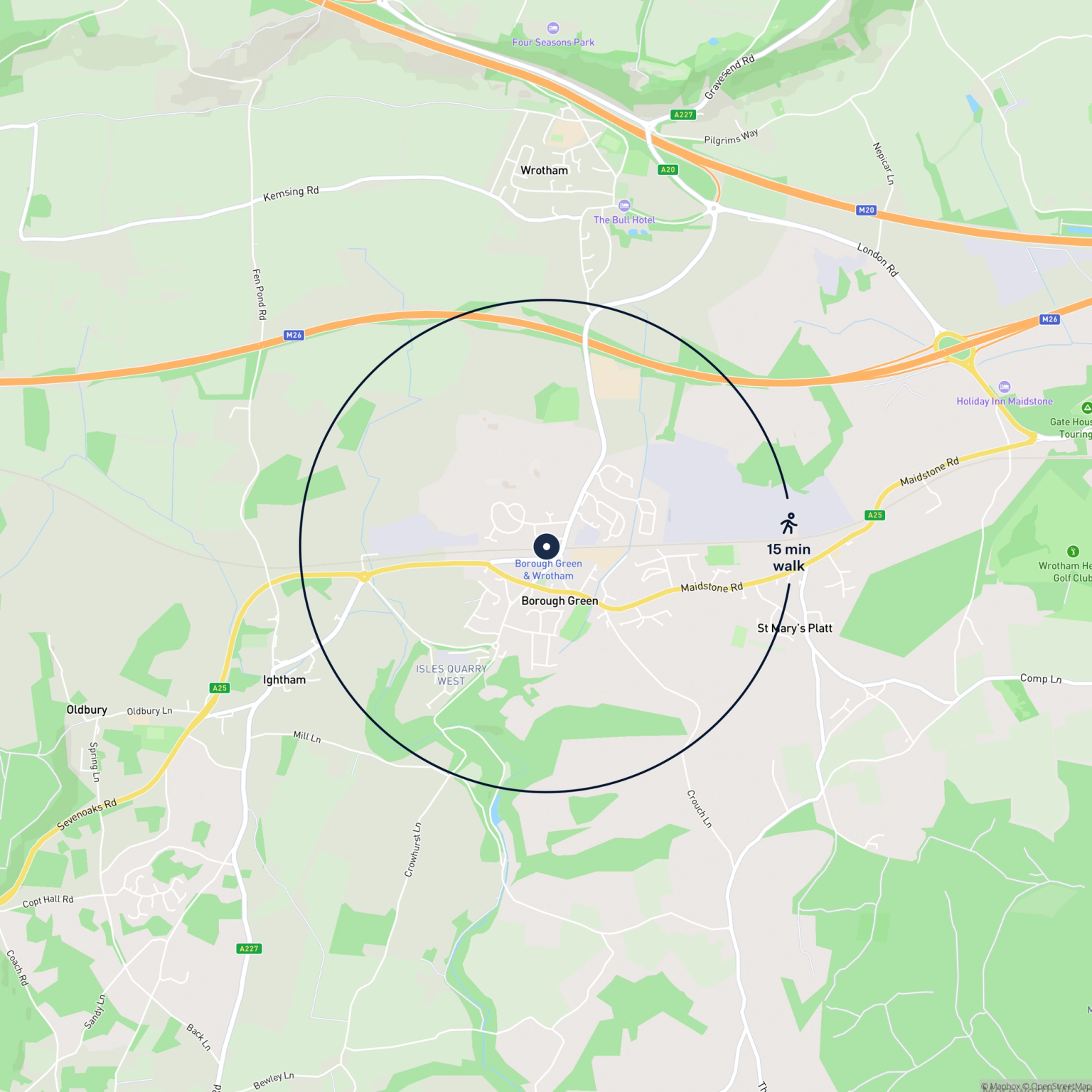 Map showing the location of Station Approach, Borough Green and Wrotham , Sevenoaks, TN15 8AD and the surrounding 15 minute walk area.