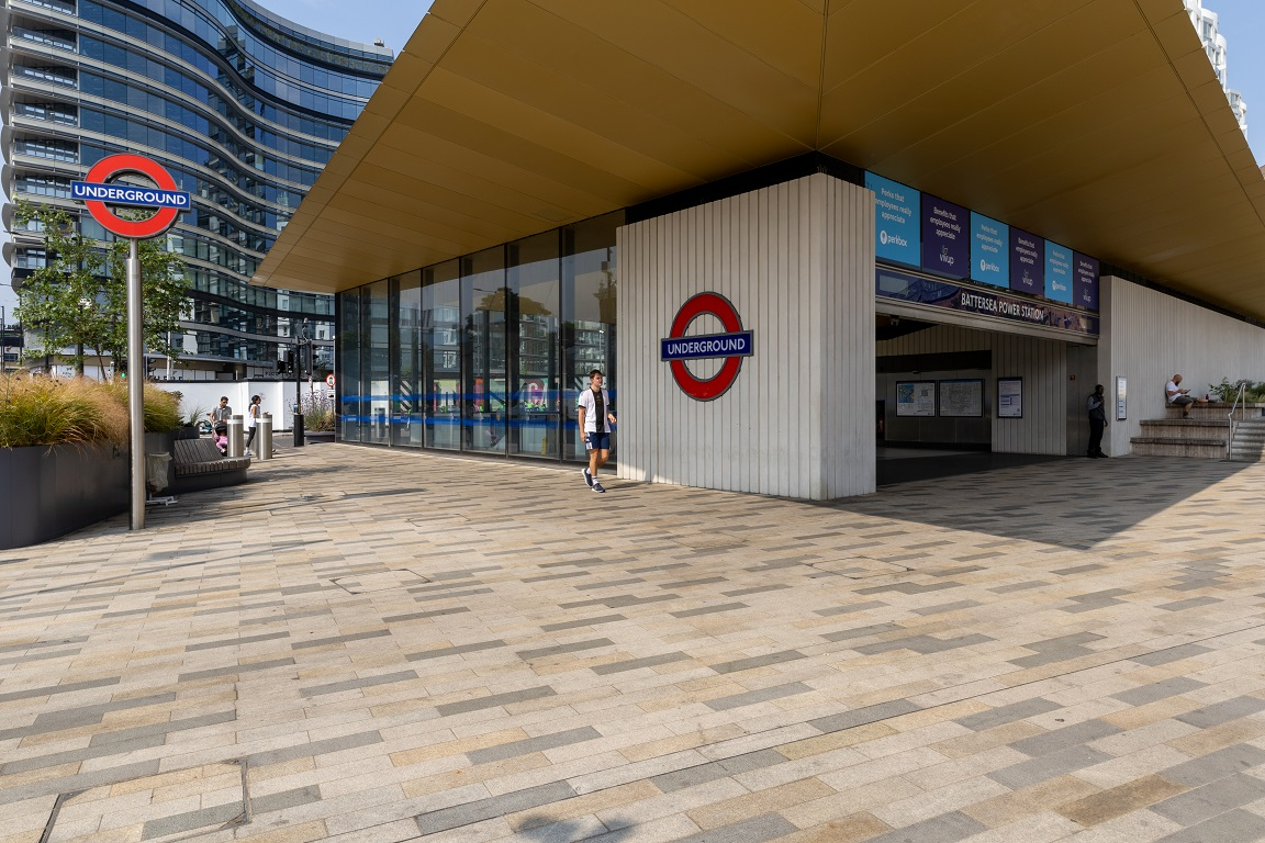 Modern Battersea Power Station London Underground station entrance.