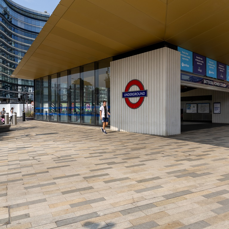 Modern Battersea Power Station London Underground station entrance.