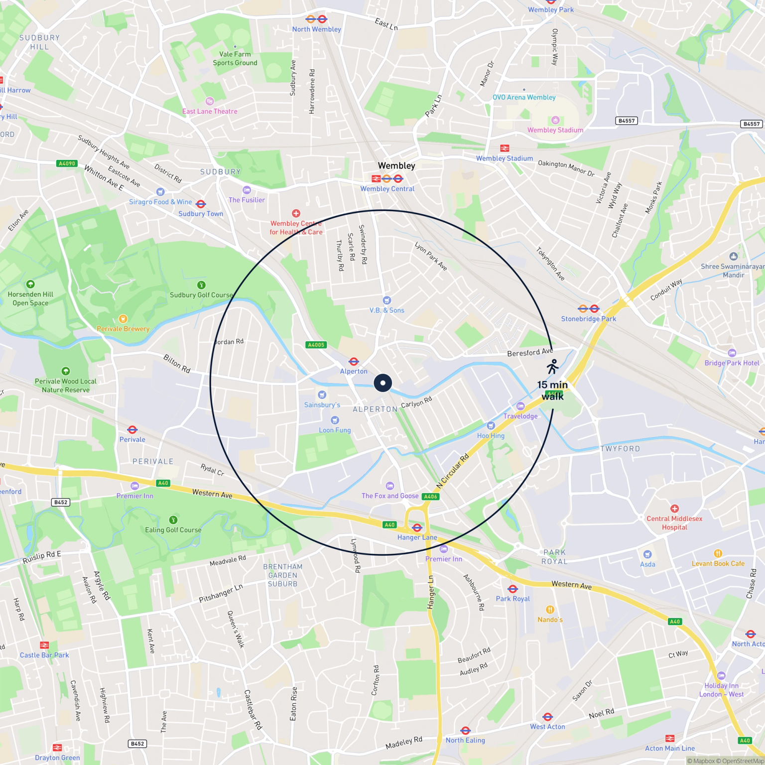 Map showing the location of 23 Wharfside Rosemont Road, Wembley, HA0 4PE and the surrounding 15 minute walk area.