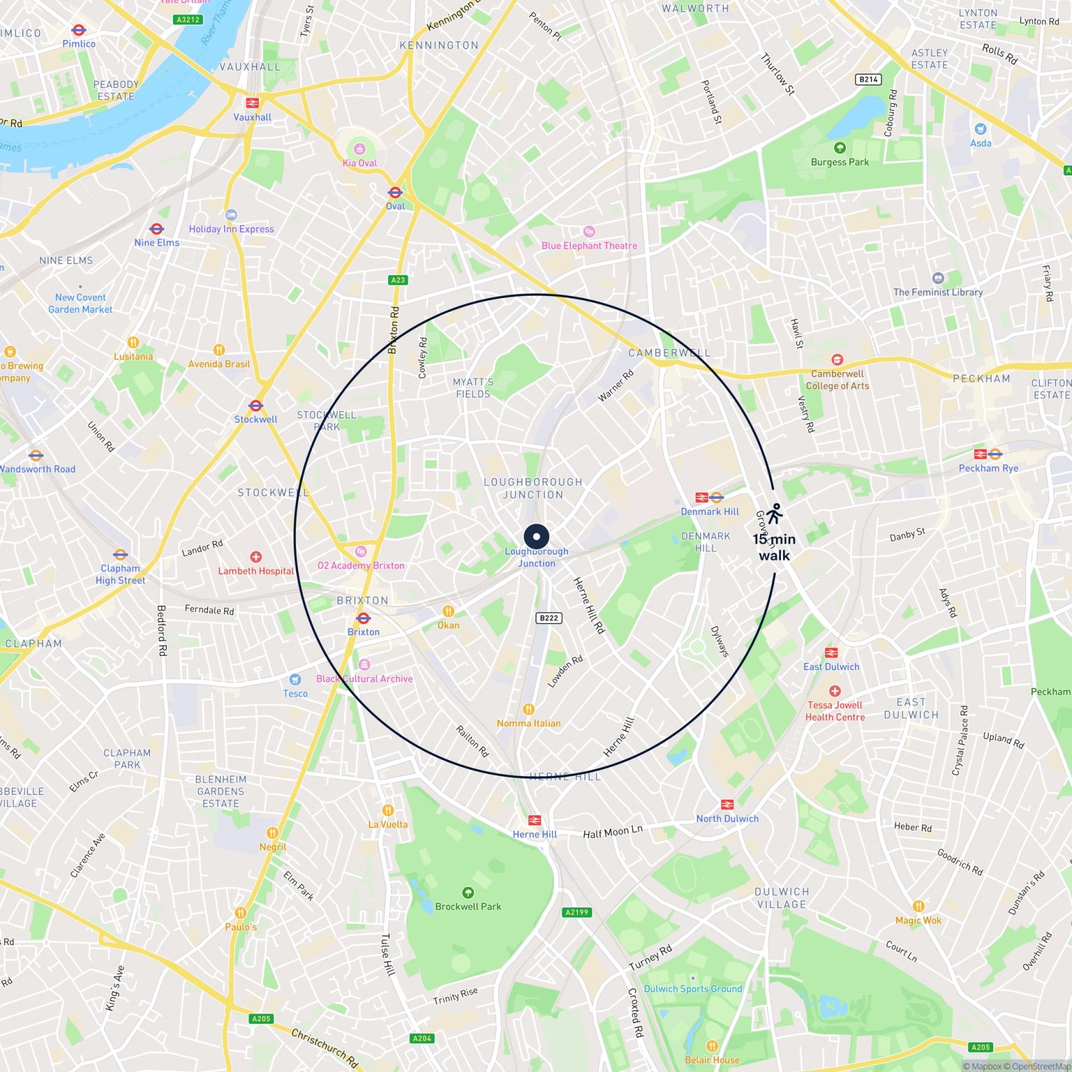 Map showing the location of 461 Station Passage, Loughborough Junction, SW9 8SA and the surrounding 15 minute walk area.