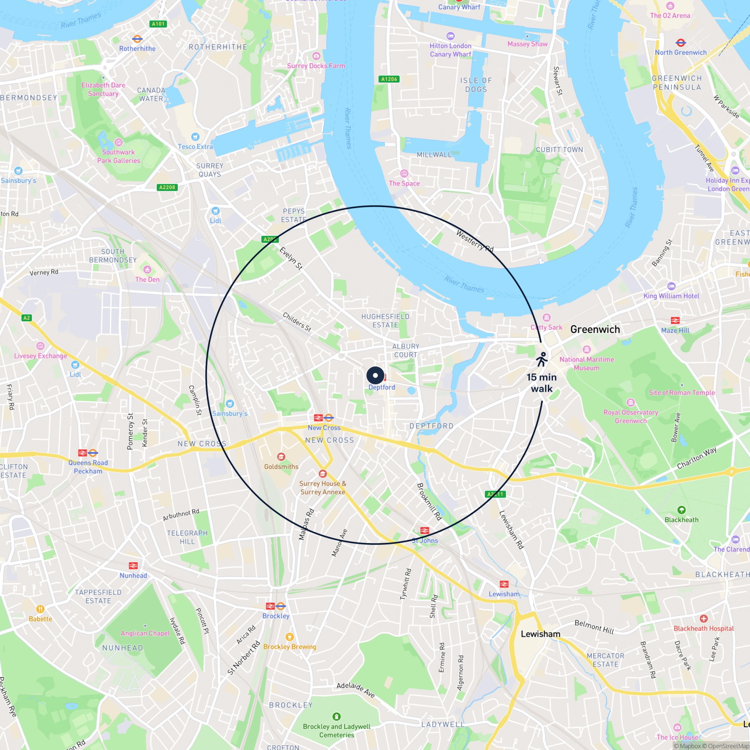 Map showing the location of 10 Titan Business Estate, London, SE8 5QA and the surrounding 15 minute walk area.