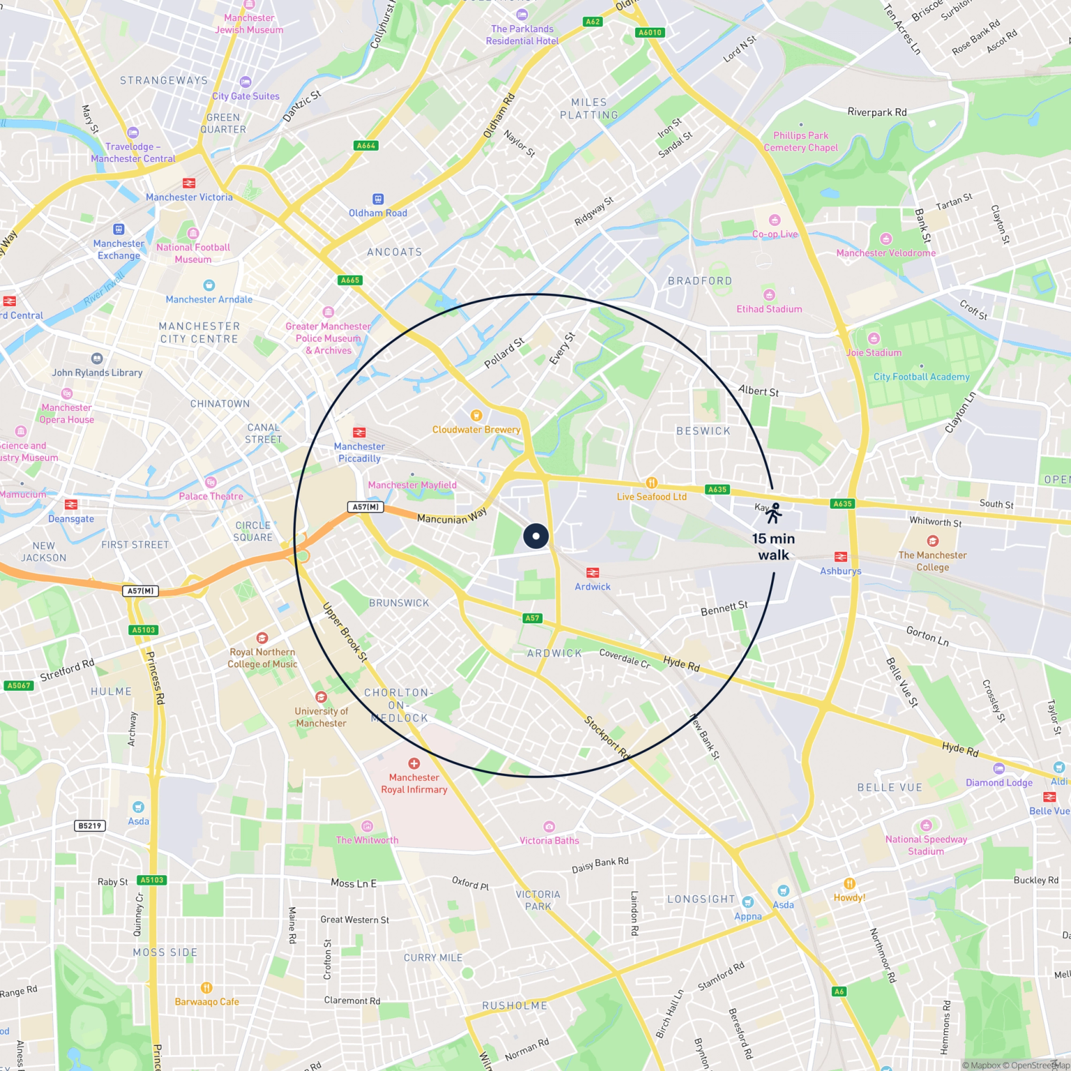 Map showing the location of 65 Temperance Street, Manchester, M12 6DX and the surrounding 15 minute walk area.