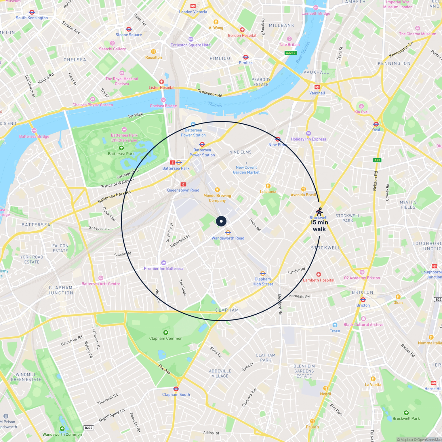 Map showing the location of 654 Portslade Road, London, SW8 3DH and the surrounding 15 minute walk area.