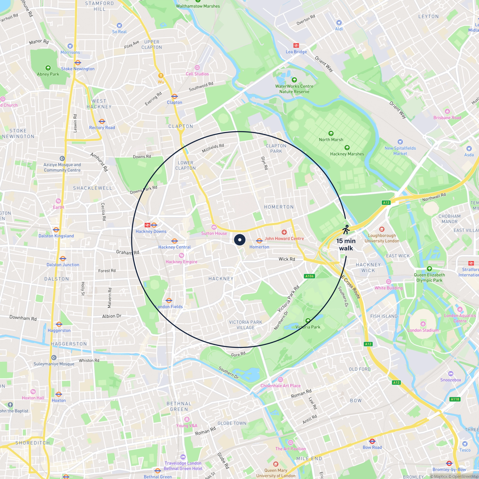 Map showing the location of ARCH 221 PONSFORD STREET HACHNEY, London, E9 6JH and the surrounding 15 minute walk area.
