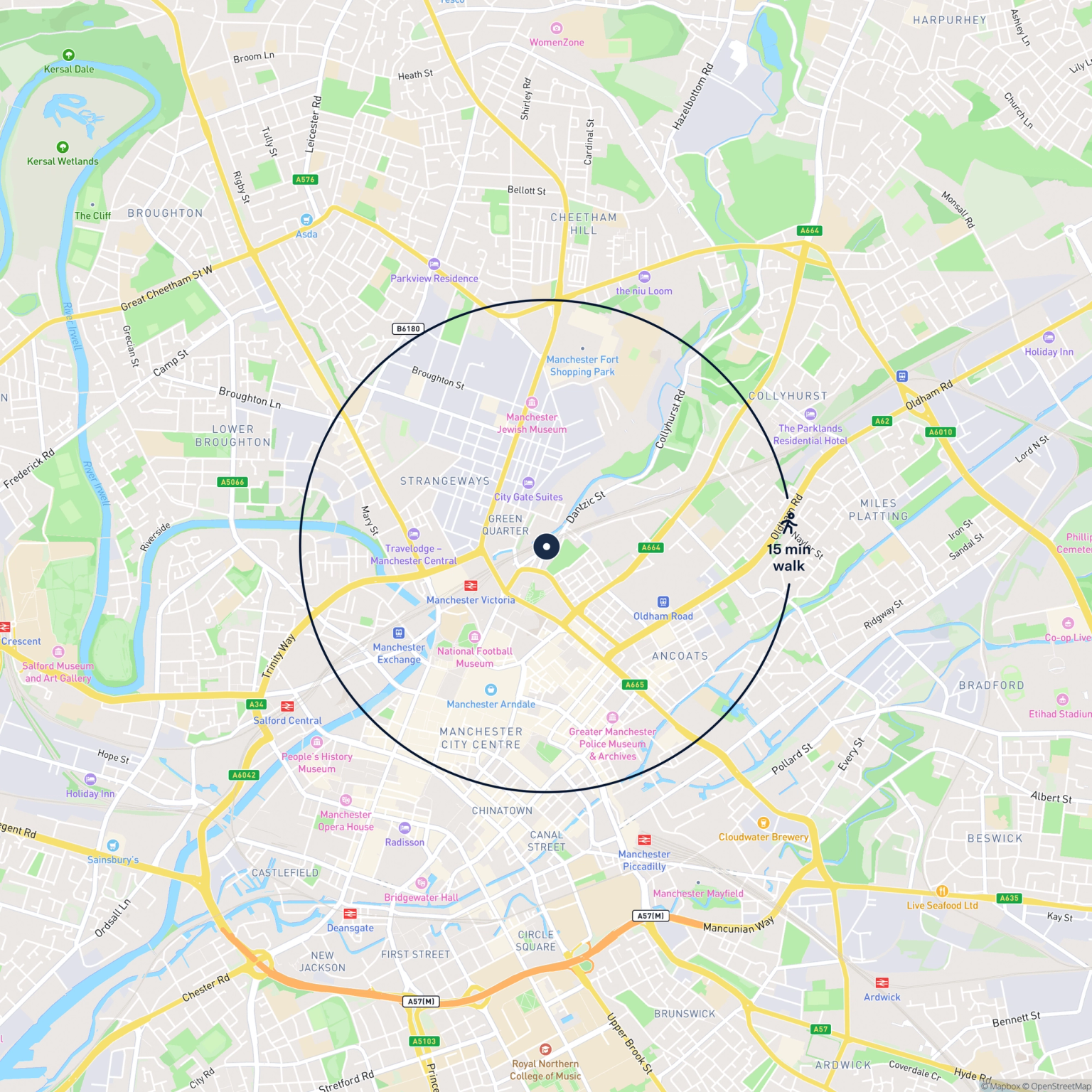 Map showing the location of 10 Corporation Street, Manchester, M4 4DG and the surrounding 15 minute walk area.