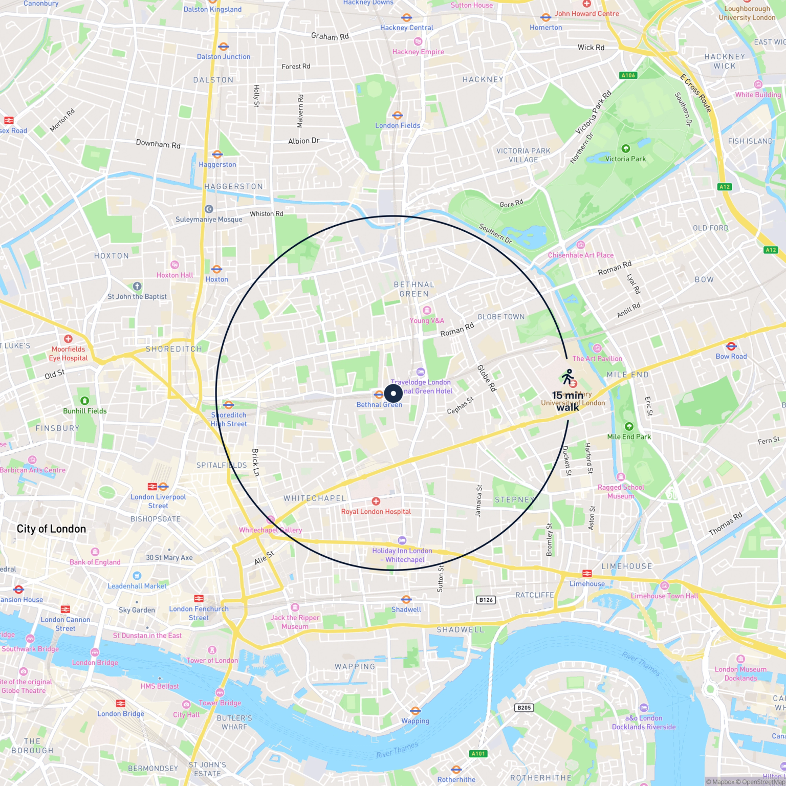 Map showing the location of 198 Three Colts Lane, London, E2 6JN and the surrounding 15 minute walk area.