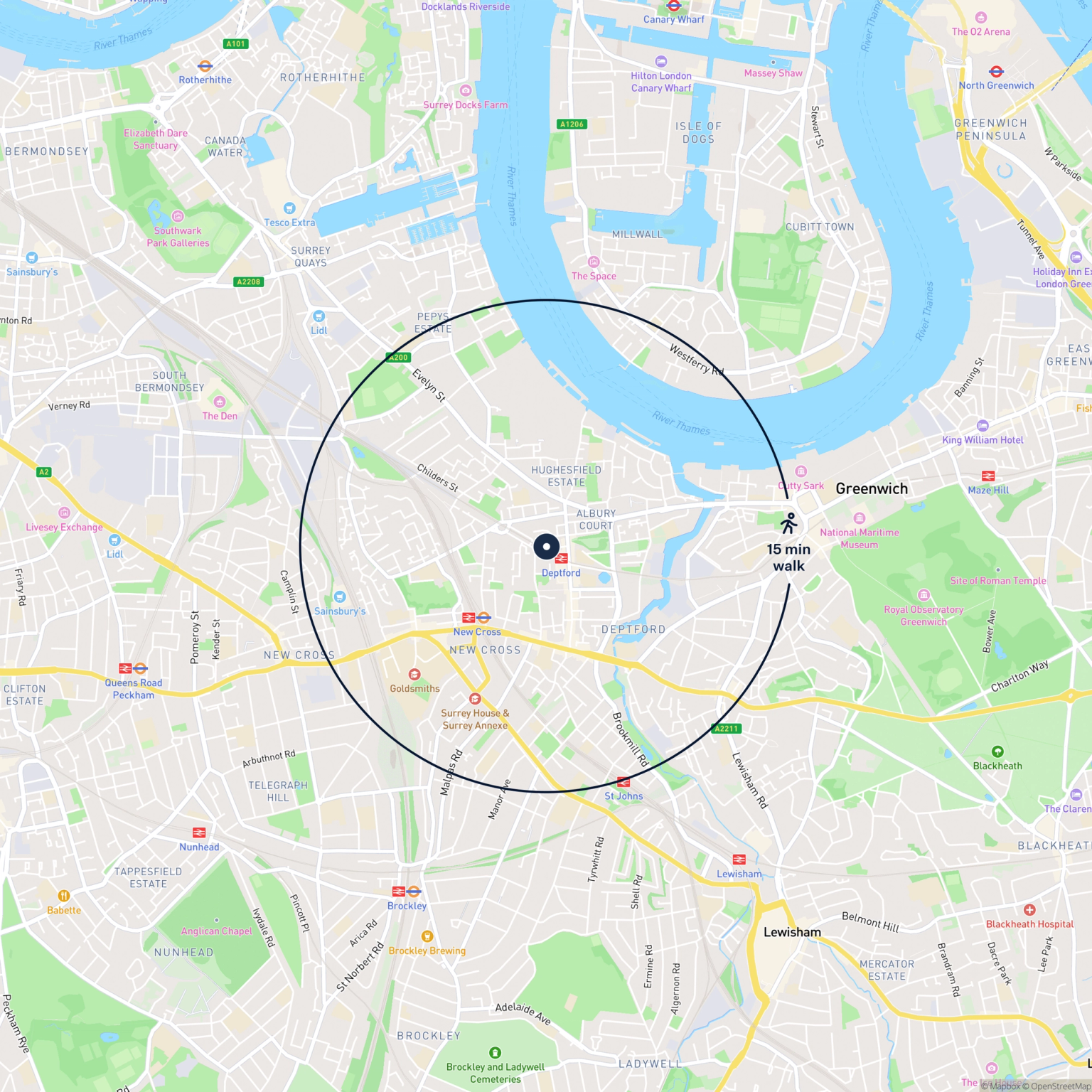 Map showing the location of Unit 16 Titan Business Estate , London, SE8 3NU and the surrounding 15 minute walk area.