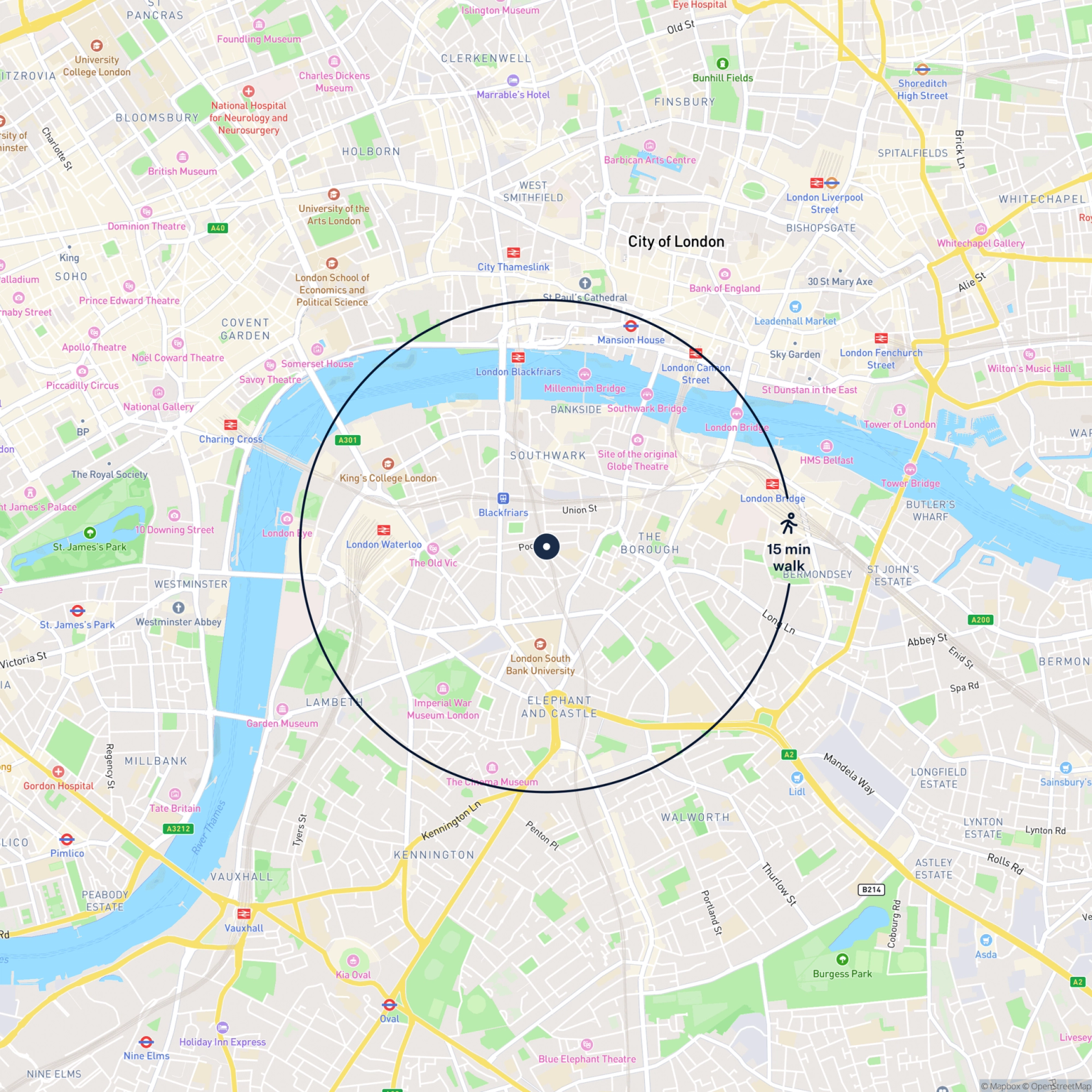 Map showing the location of 34 Great Suffolk Street, London, SE1 0BE and the surrounding 15 minute walk area.