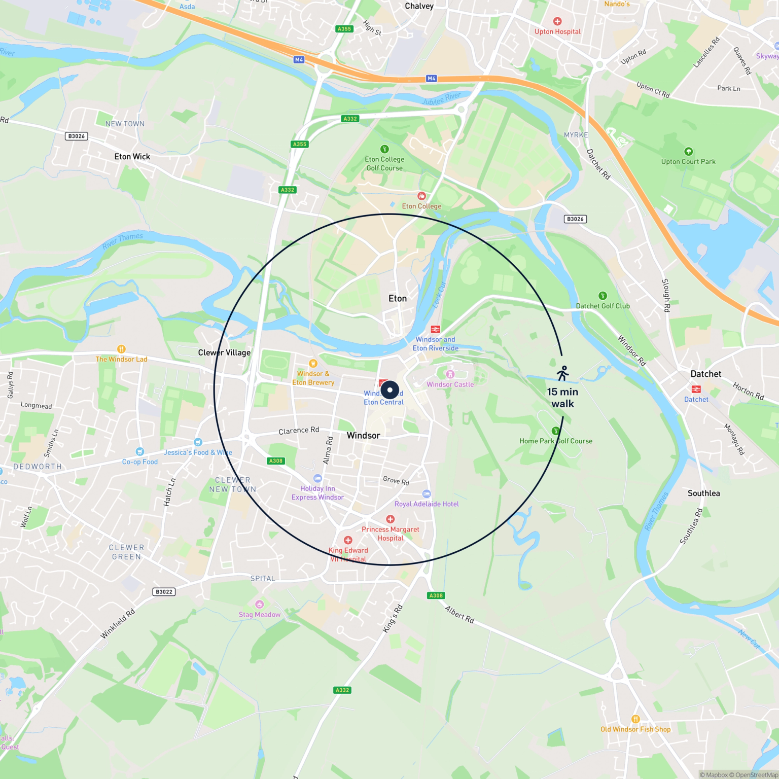 Map showing the location of Unit 6 Goswell Hill, Windsor, SL4 1RH and the surrounding 15 minute walk area.