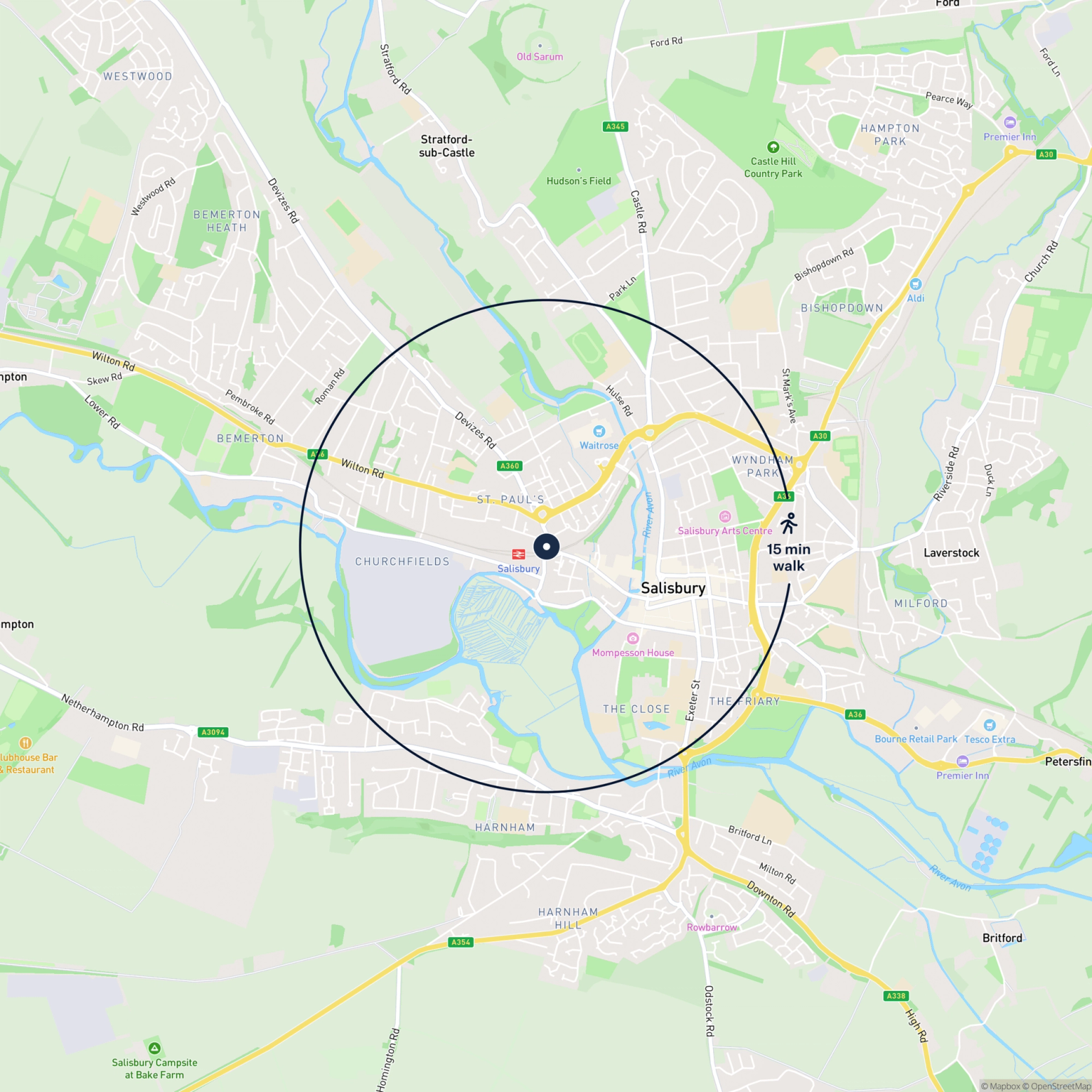 Map showing the location of Old Brunel House and Parking, Salisbury, SP2 7RL and the surrounding 15 minute walk area.