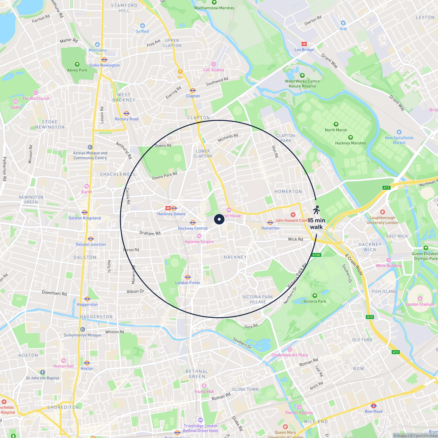 Map showing the location of 19 Bohemia Place, Hackney, E8 1DU and the surrounding 15 minute walk area.