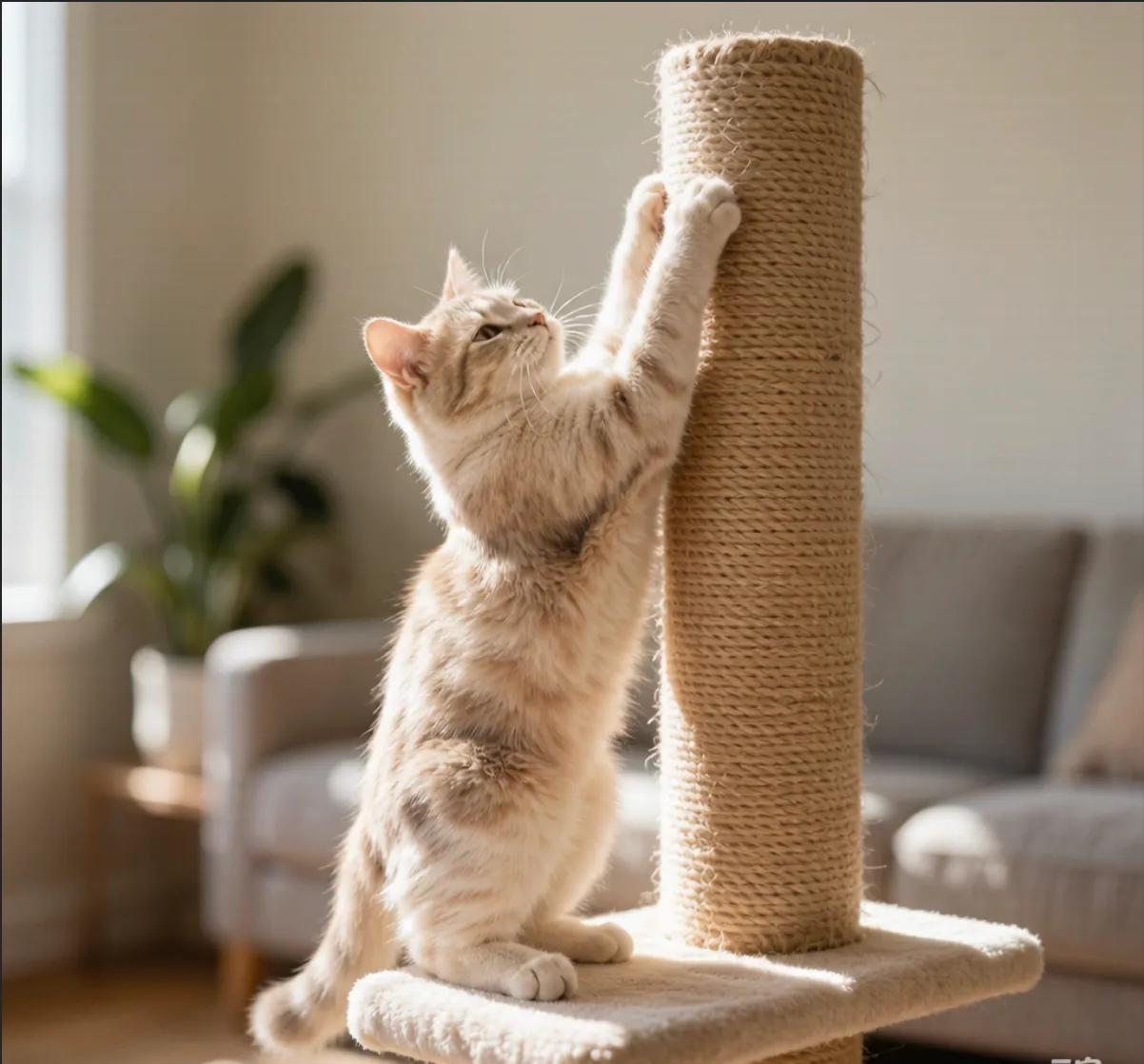 A cat stretching its front legs up a tall sisal scratching post