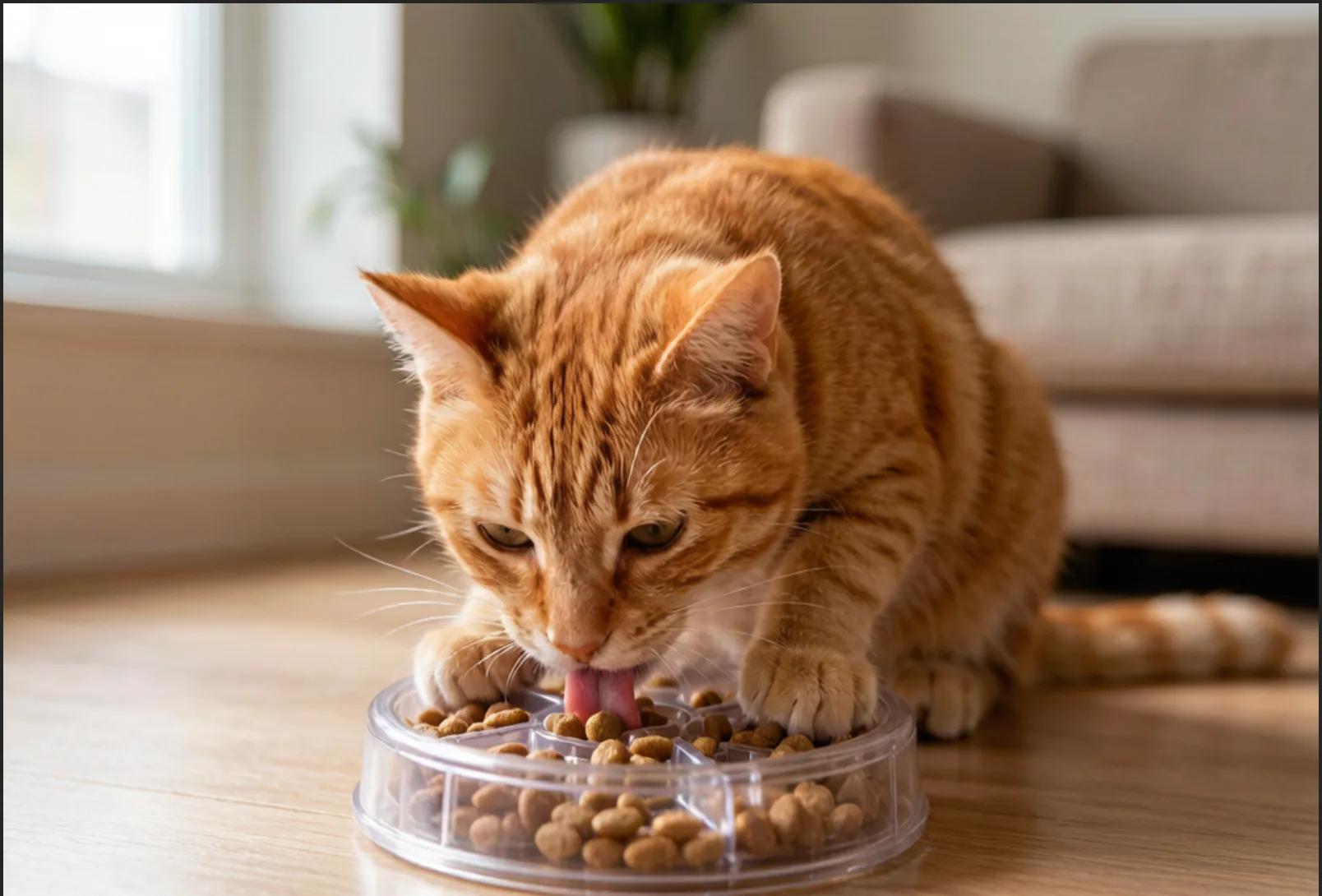 A cat eating from a puzzle feeder that makes it work for the food