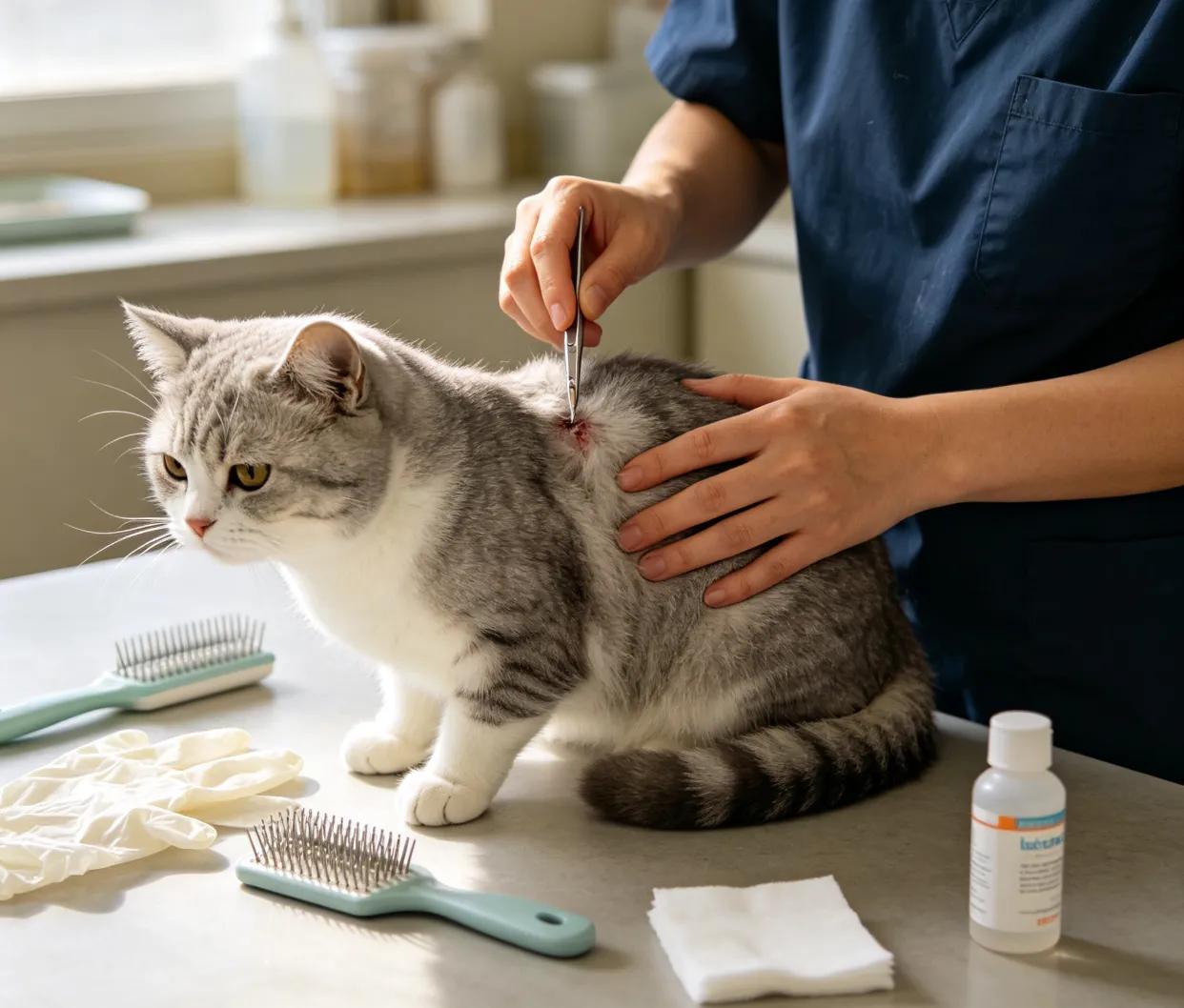 A person gently inspecting a cat's ears and neck for ticks using fine-tipped tweezers