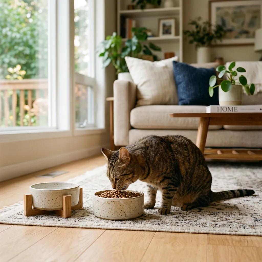 Cat eating dry kibble from a bowl