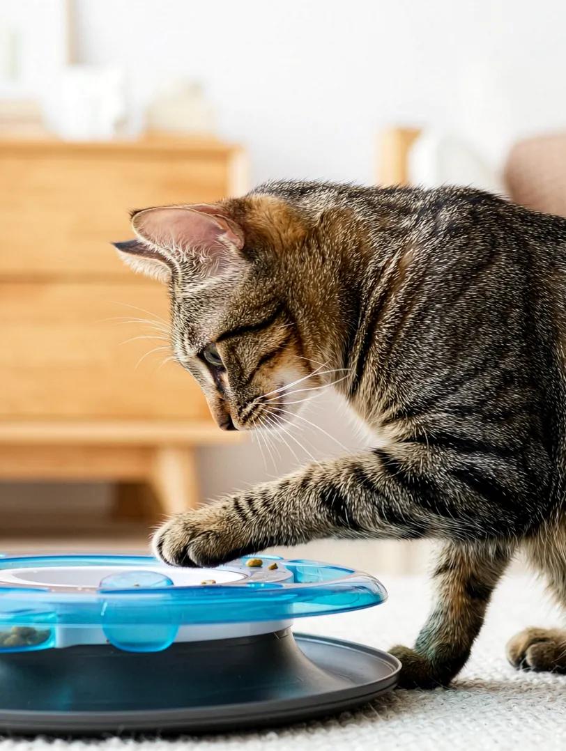 A cat using an interactive puzzle feeder to get treats