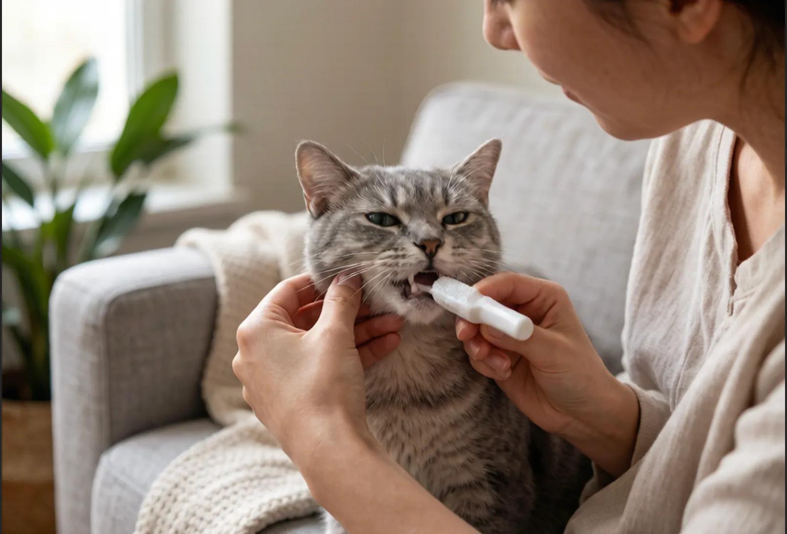 A person gently brushing a calm cat's teeth with a small finger brush