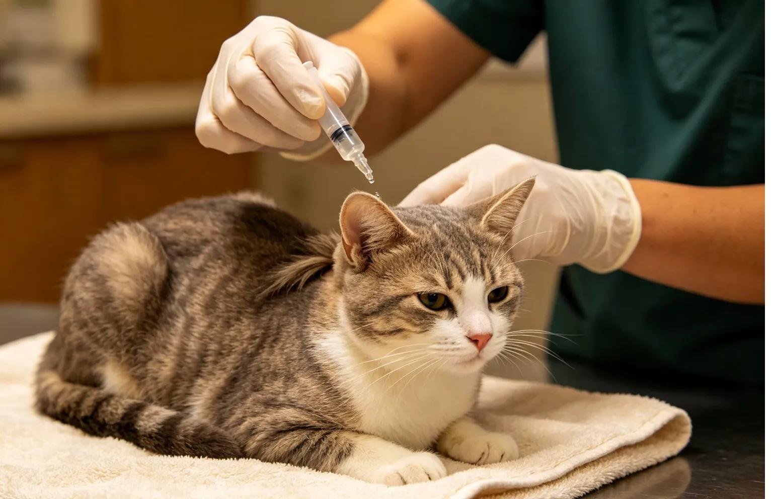 A hand applying a topical flea preventive drop to the back of a cat's neck