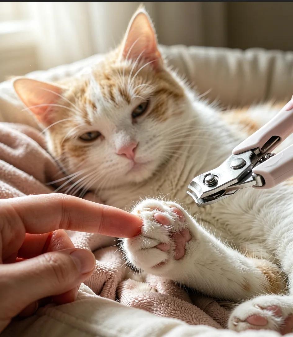 An owner gently holding a cat's paw and trimming one nail with a small clipper, the cat calm