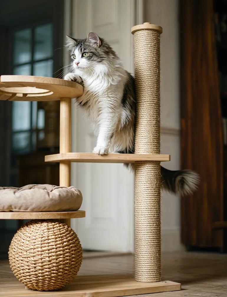 A cat climbing and scratching on a cat tree