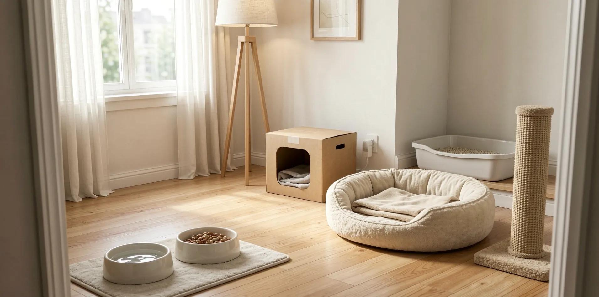 A calm, quiet safe room with food bowls, a litter box, a bed, and a scratching post ready for a new cat