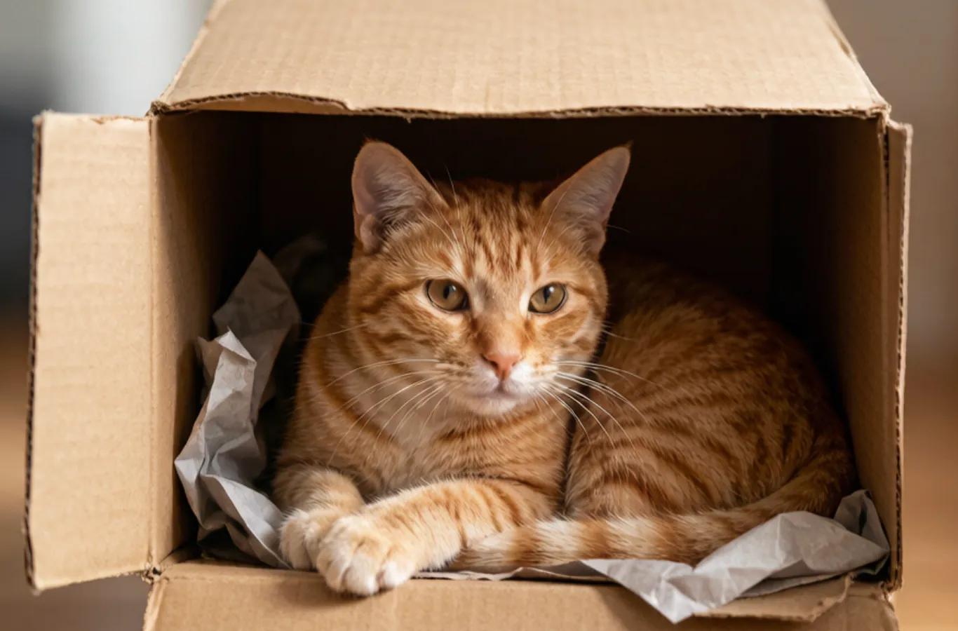 A cat curled up contentedly inside a plain cardboard box