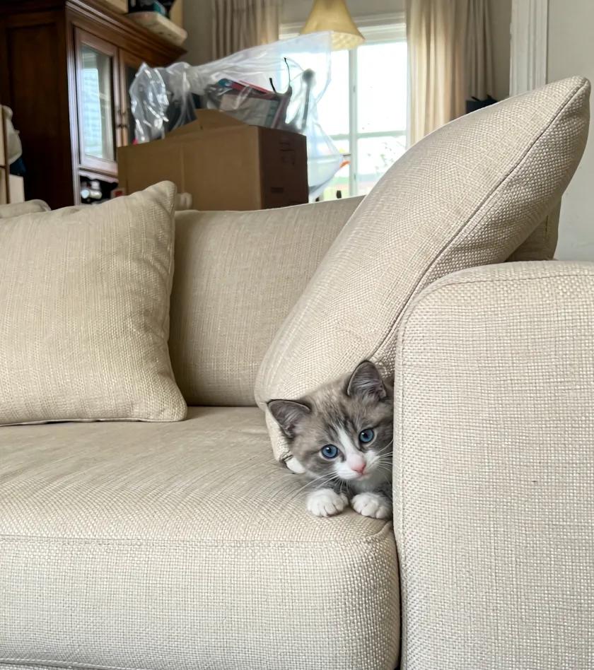 A shy new cat hiding under a bed, cautiously peeking out from the shadows