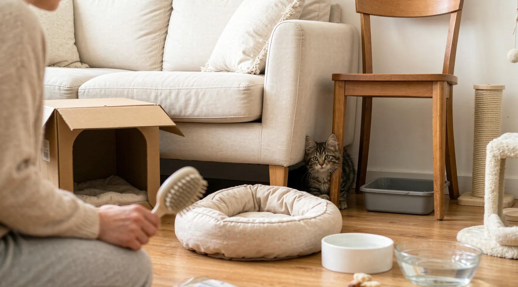 A small, quiet safe room set up with food bowls, a litter box, and a scratching post for a new kitten