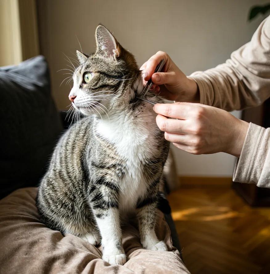 A person gently inspecting a cat's ears and neck for ticks using fine-tipped tweezers