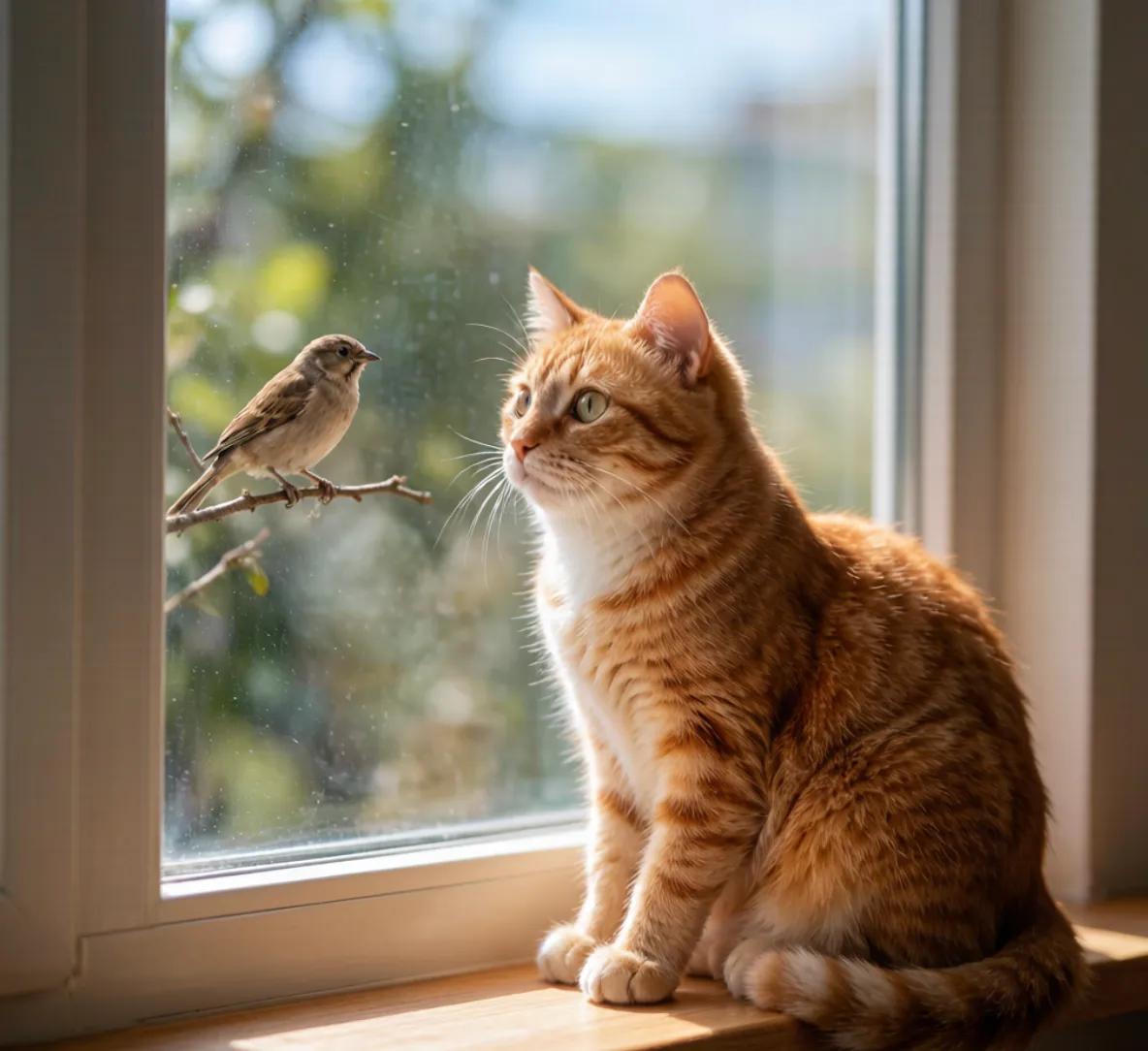A cat watching birds from a window perch inside the home