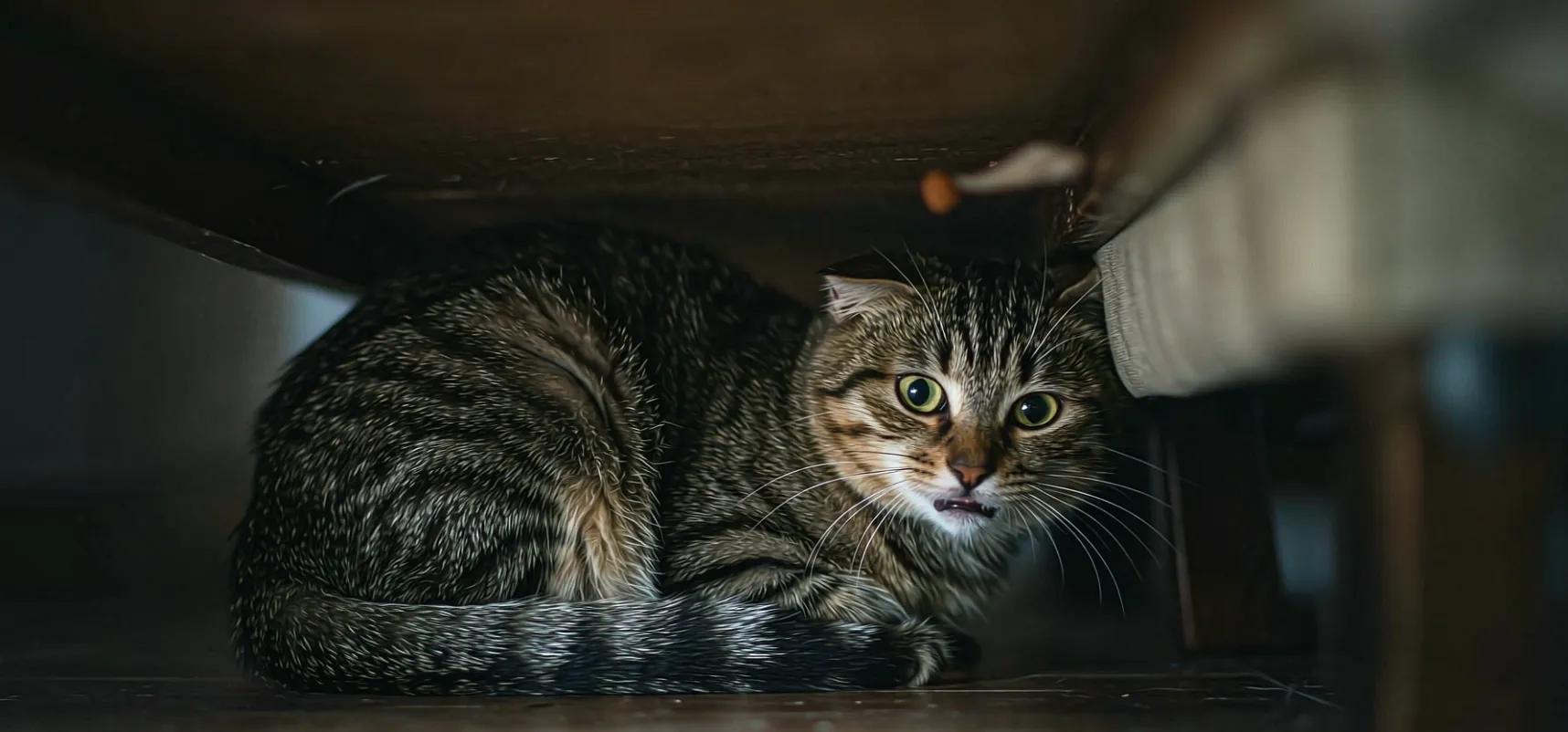 A first-time cat owner looking under the bed at a hiding cat, treat bag in hand