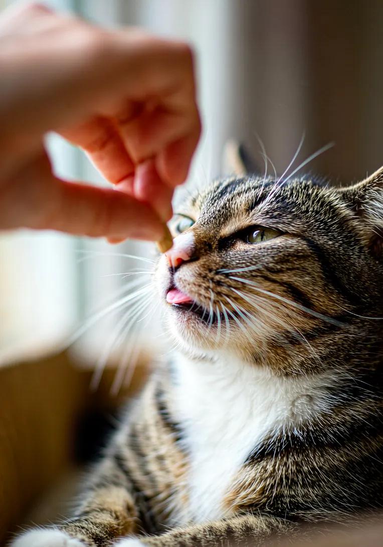 An owner gently rewarding a calm cat with a treat or petting, showing positive reinforcement