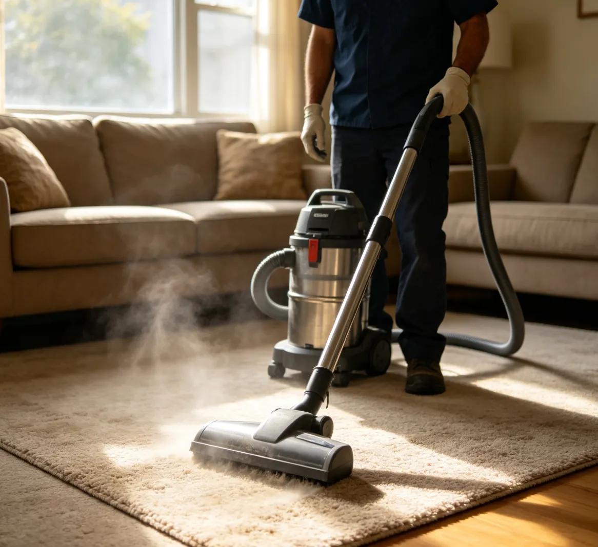 A person vacuuming a living room carpet and sofa to remove flea eggs and larvae