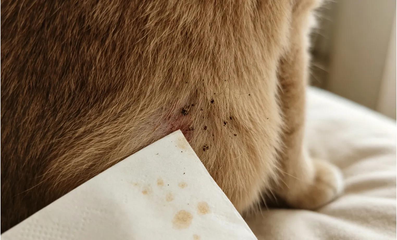 A close-up of a white paper towel showing reddish-brown specks from a flea dirt test