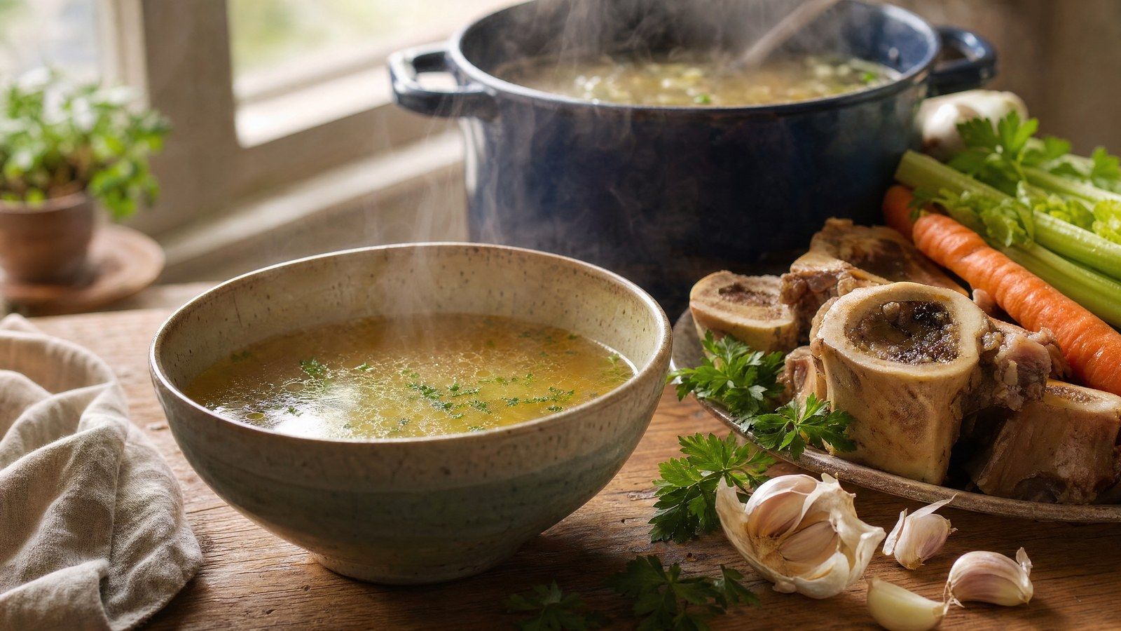 A bowl of golden homemade bone broth beside marrow bones, carrots, celery, garlic and parsley