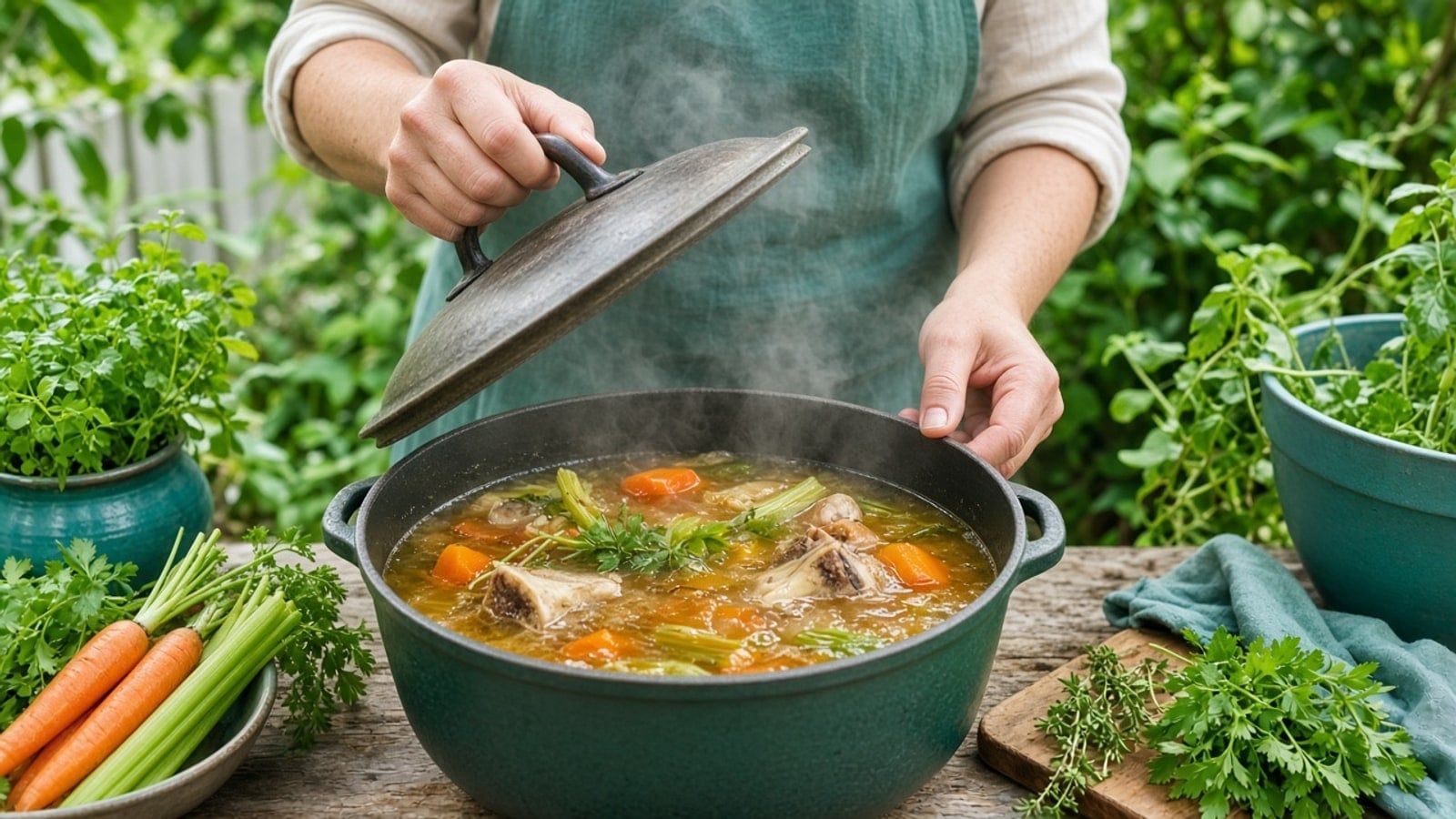 Hands lifting the lid from a pot of simmering bone broth in an outdoor kitchen full of greenery