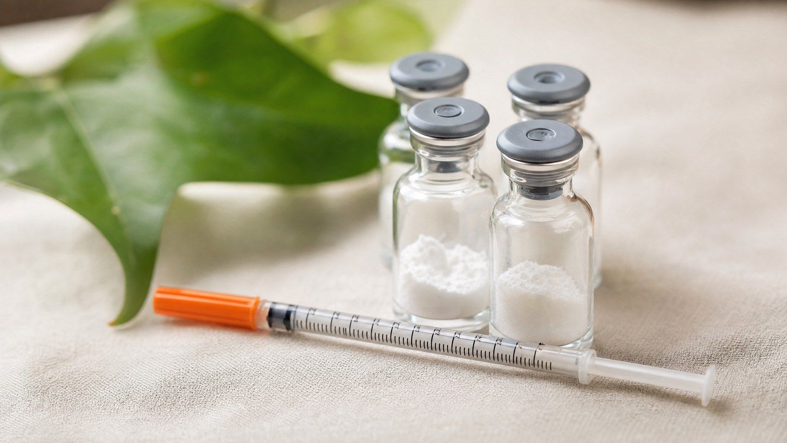Small glass vials of powdered peptide beside an insulin syringe with a green leaf behind them