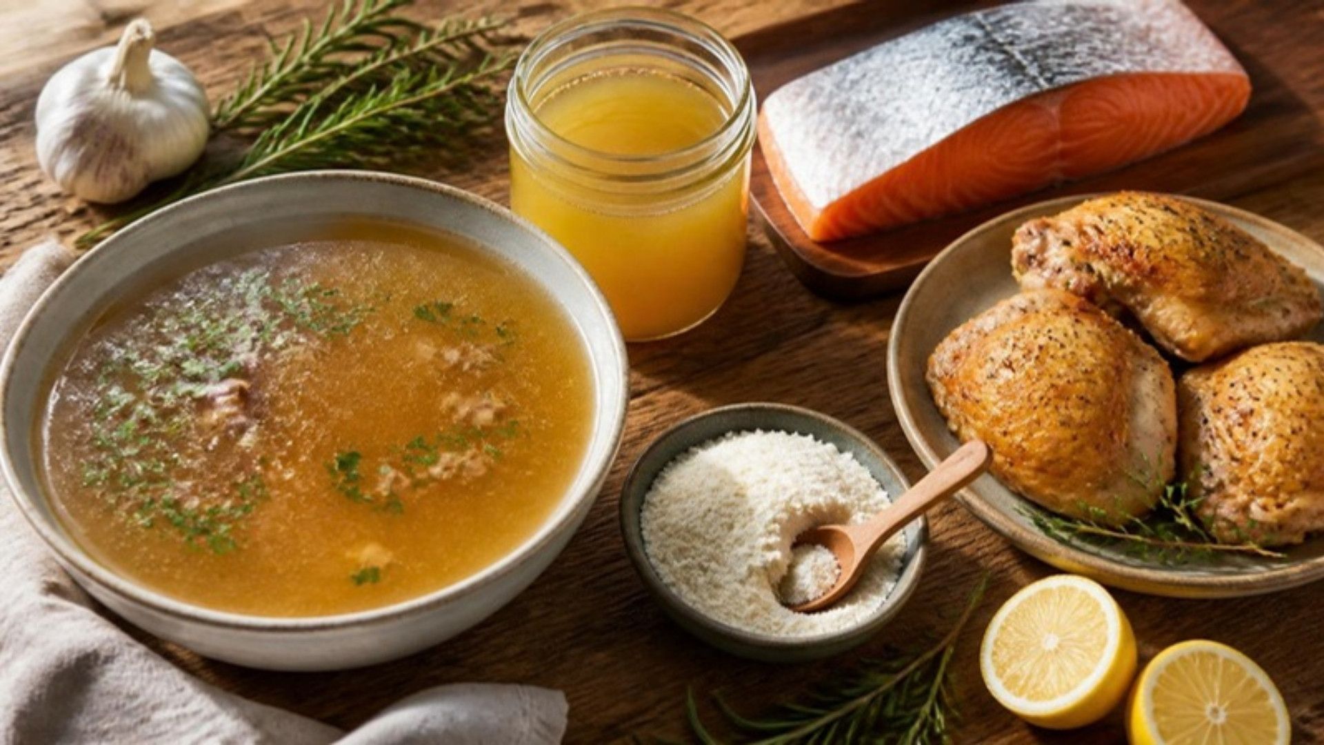 A bowl of golden bone broth with fresh parsley, surrounded by a jar of broth, a skin-on salmon fillet, roasted skin-on chicken, a dish of gelatin powder, lemons, garlic and fresh herbs