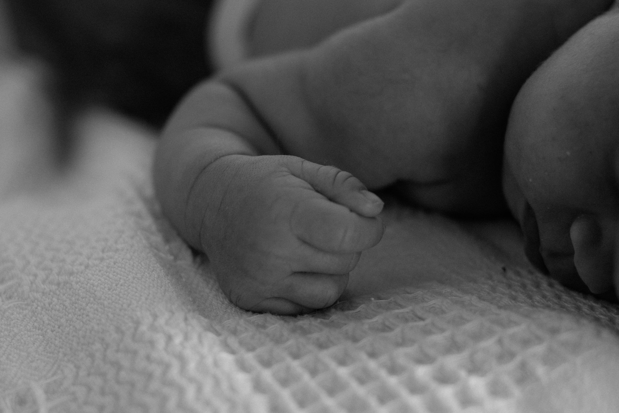 A sleeping newborn's small hand resting on a soft knitted blanket, in black and white