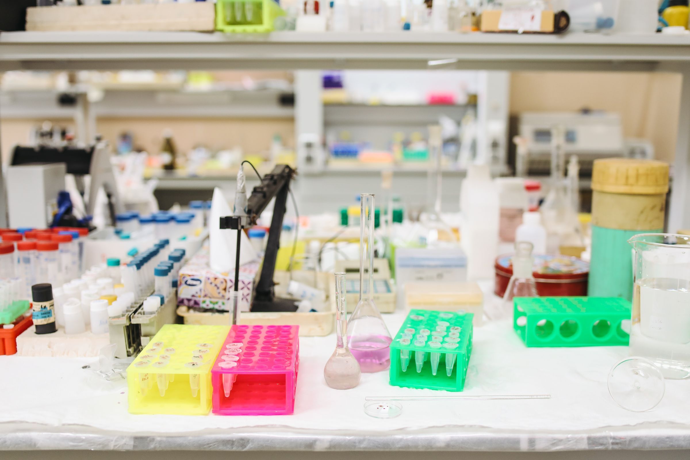 A laboratory bench with glassware and test tube racks