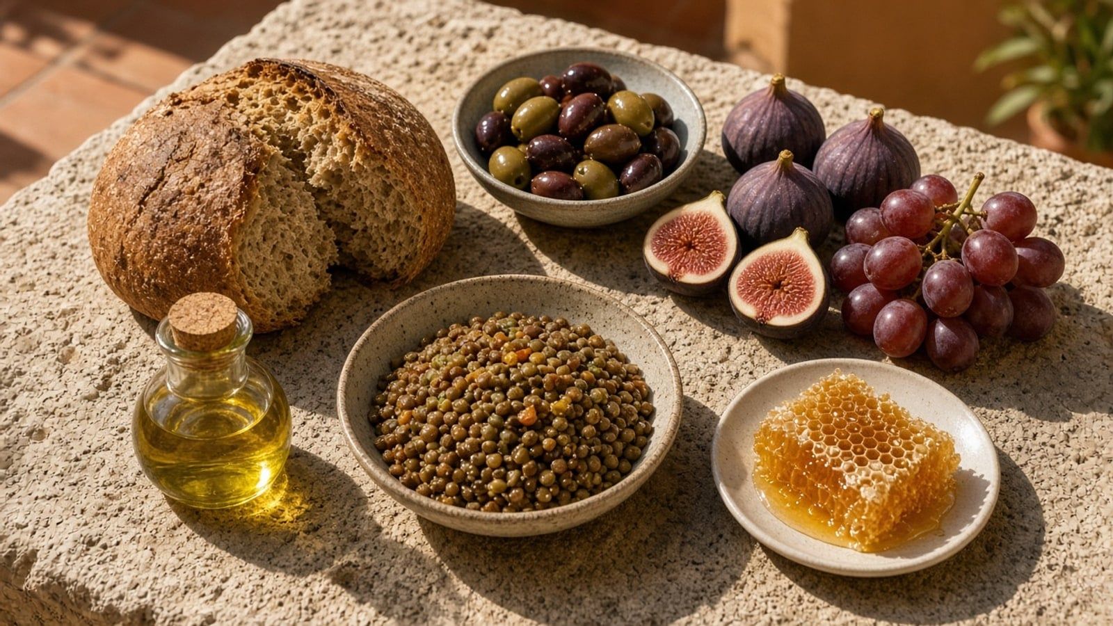 Bread, olives, figs, grapes, lentils, olive oil and honeycomb on a stone table in sunlight